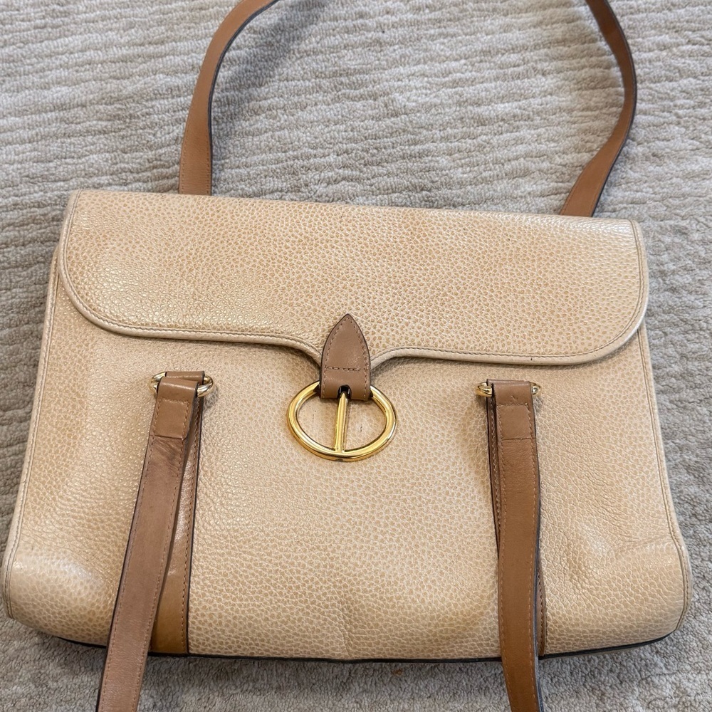 Christian Dior Vintage Tan Leather Double Handle Shoulder Bag with Gold CD Logo - Picture 12 of 16